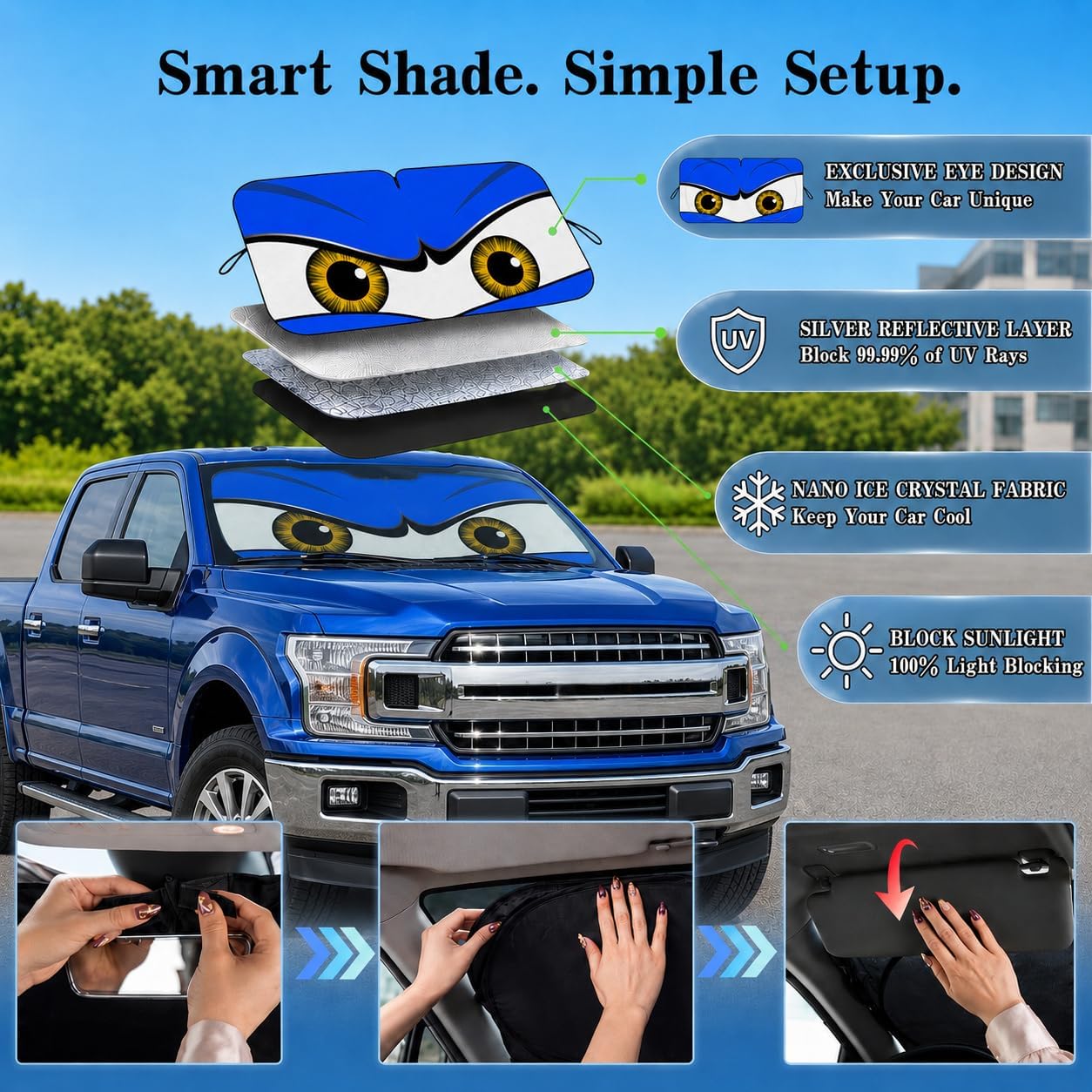 Car Windshield Sun Shade, Funny Cartoon Eyes Sun Visor for Car Windshield Universal Fits Sedan Compact Car Hatchback SUV, UV Heat Protection - 59 x 27.5