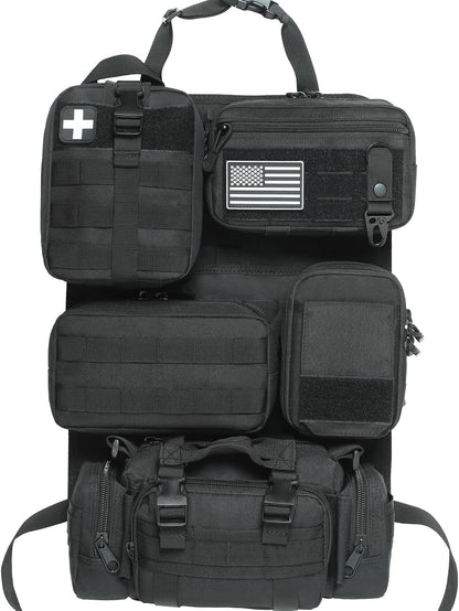 6 Pack Tactical Molle Car Seat Back Organizer - Tactical Vehicle Panel Organizer with 5 Detachable Molle Pouch,US Flag Patch and Keychain,Great Trunk Accessories for Man