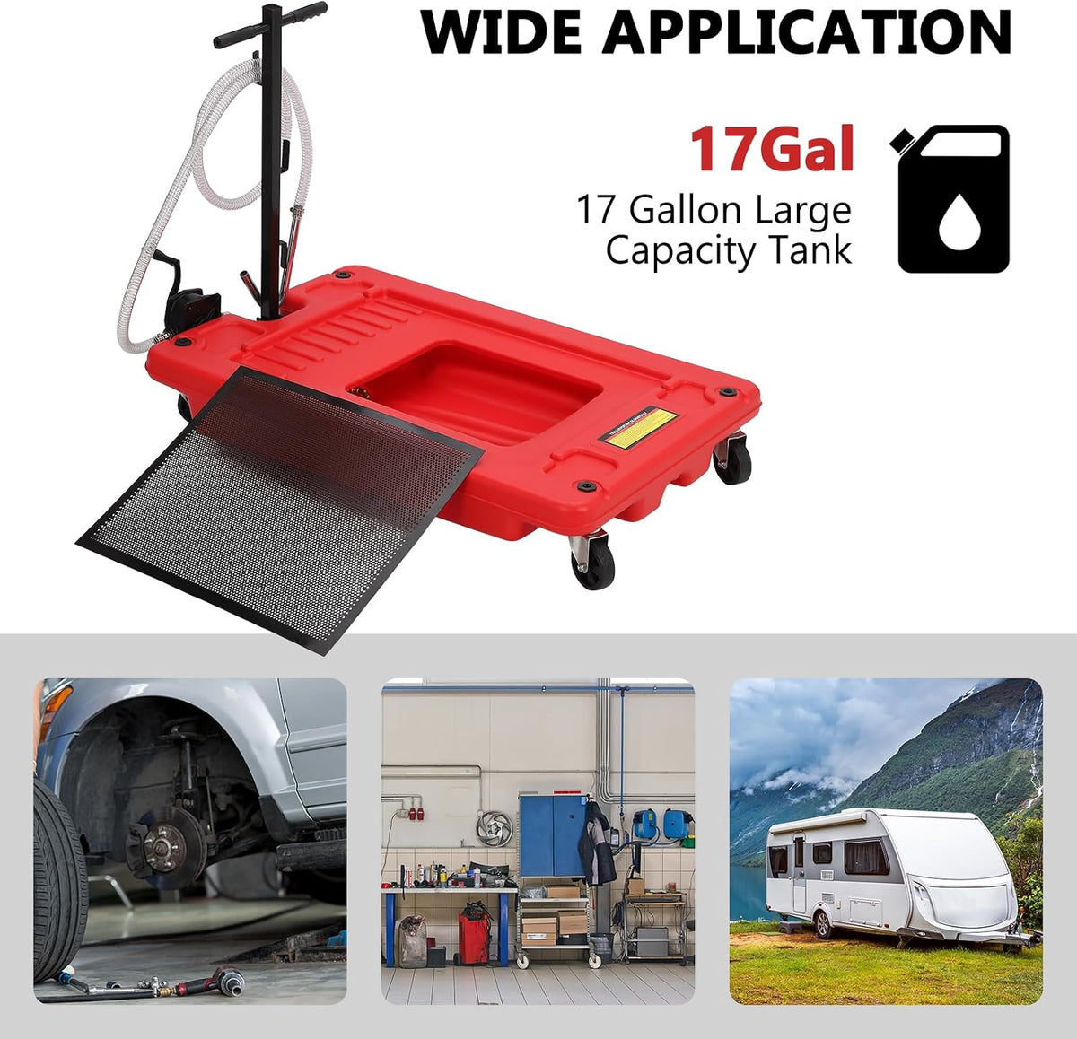 Garvee 20 gal Oil Drain Pan Oil Drain Tank, 76 L Low Profile Oil Drain Pan, Large Capacity Oil Change Pan with Manual Pump & T Foldable Hand and Wheels, 8 ft Hose Oil Drain Cart for Car, SUV, Trucks