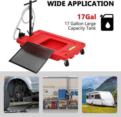 Garvee 20 gal Oil Drain Pan Oil Drain Tank, 76 L Low Profile Oil Drain Pan, Large Capacity Oil Change Pan with Manual Pump & T Foldable Hand and Wheels, 8 ft Hose Oil Drain Cart for Car, SUV, Trucks