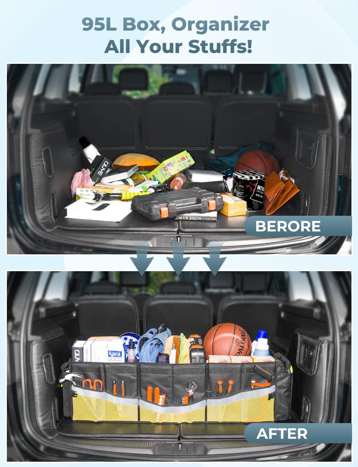 Oasser Car Trunk Organizer, 3 Compartments Collapsible Waterproof Car Organizer Storage with Foldable Cover, Reflective Strip, Non-Slip Bottom, 4 Mesh Pockets for SUV/Truck/Sedan/Camping/Road Trip