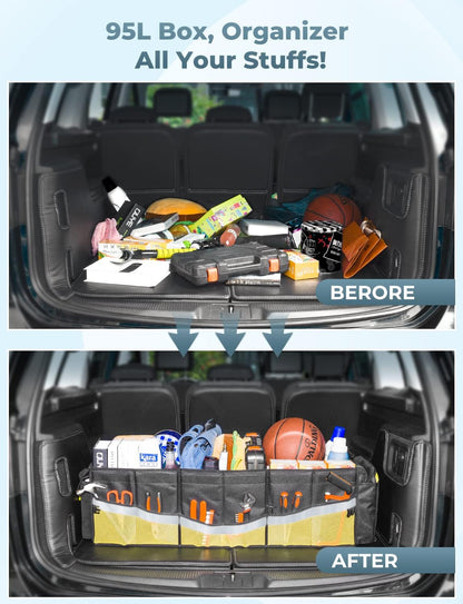 Oasser Car Trunk Organizer, 3 Compartments Collapsible Waterproof Car Organizer Storage with Foldable Cover, Reflective Strip, Non-Slip Bottom, 4 Mesh Pockets for SUV/Truck/Sedan/Camping/Road Trip
