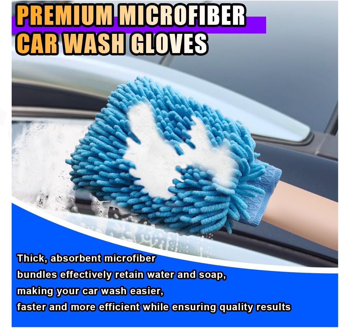 JOYCOURT 2PCS Microfiber Soft Chenille Car Wash Mitts, Scratch and Lint Free Car Dusting Glove, Double Sided Wash Mitt, Ultra Absorbent for Car Washing, Home Cleaning Mitt (Blue&Yellow)