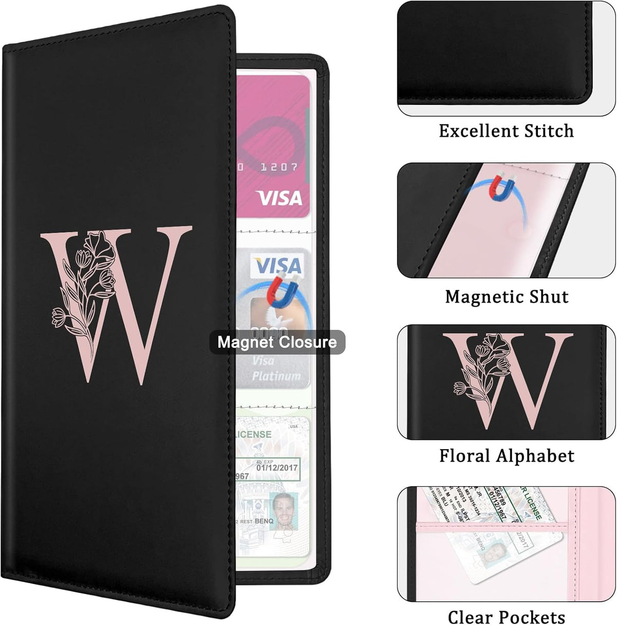 Letter Car Registration and Insurance Holder, with Magnetic Closure for License, Cards and Documents,Vehicle Glove Box Car Organizer, Interior Car Accessories for Women Men (M)