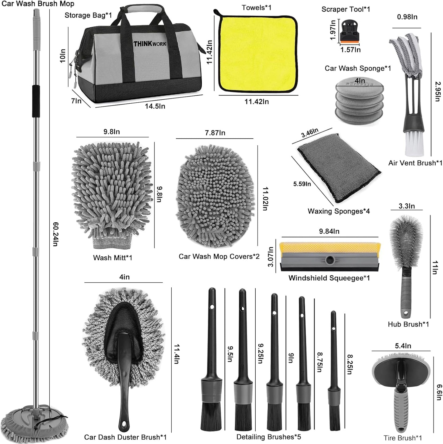 THINKWORK Car Detailing Kit, Car Detailing Brush Set, Car Cleaning Drill Brush Kit with Extension Pole, Professional Auto Detailing Supplies for Automobile Interior Exterior Wheels