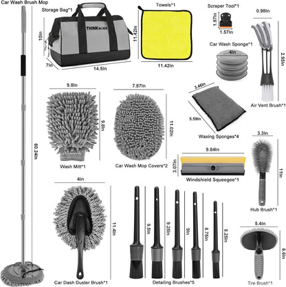 THINKWORK Car Detailing Kit, Car Detailing Brush Set, Car Cleaning Drill Brush Kit with Extension Pole, Professional Auto Detailing Supplies for Automobile Interior Exterior Wheels