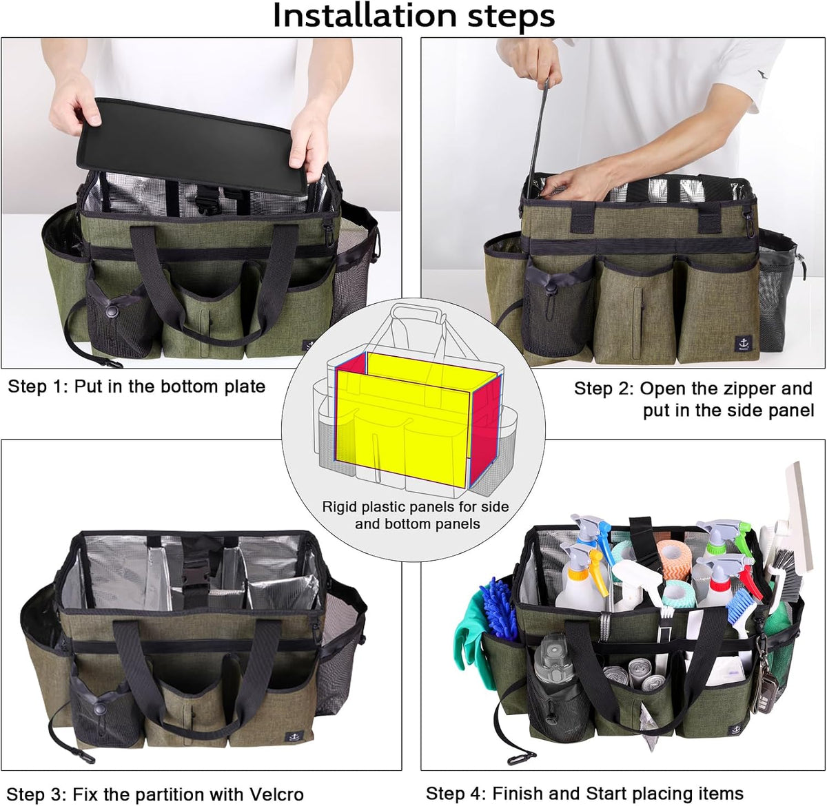 Large Cleaning Caddy Bag Built-in Sturdy Support Board, Cleaning Organizer with Detachable Divider, Cleaning Supply Tote with Adjustable Shoulder Strap&Waist Belt for Cleaners & Housekeeper