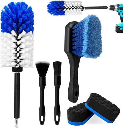 Car Wheel Brush Kit, Soft Drill Wheel Cleaner Brush, Tire Brush, Detailing Brush, and Detailing Pads, No Scratches Car Wheel Cleaning Kit for Wheels, Tires, Rims, Engines, Exhaust(Blue+White, 6 Pack)