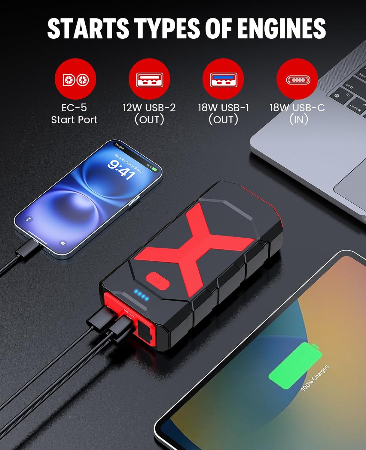 BOOKOO Car Battery Jump Starter 4000A,16000mAh Portable Battery Jumper Cables for Car 8L Gas 7L Diesel Engines,Jump Box with USB QC 3.0 PD 18W Fast Charging,3 LED Modes with SOS for Emergency Use