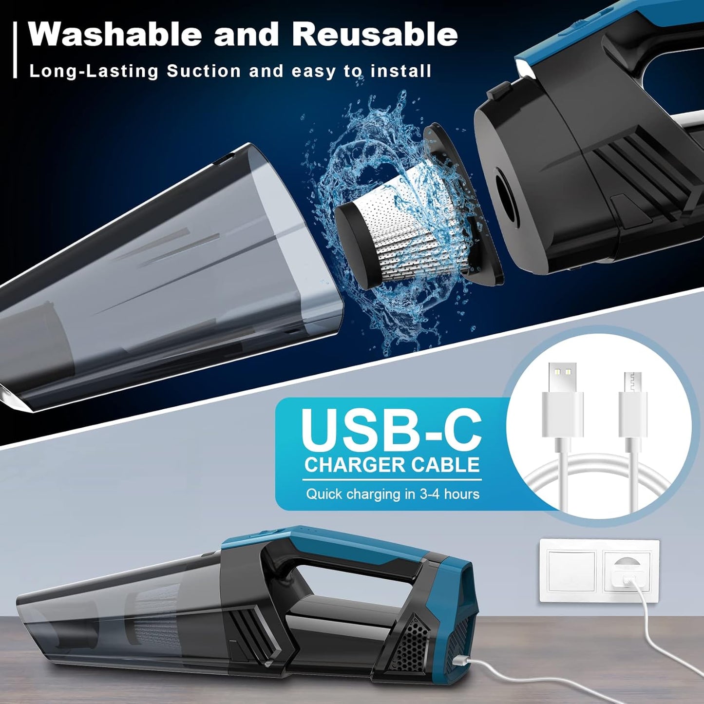 Blestan Handheld Vacuum Cordless Portable Car Vacuum with LED Light, High Power Suction, 3 in 1, Lightweight Rechargeable Hand Vacuum, Hand Held Vacuum Cleaner for Car Home Office, Pet Hair, Black