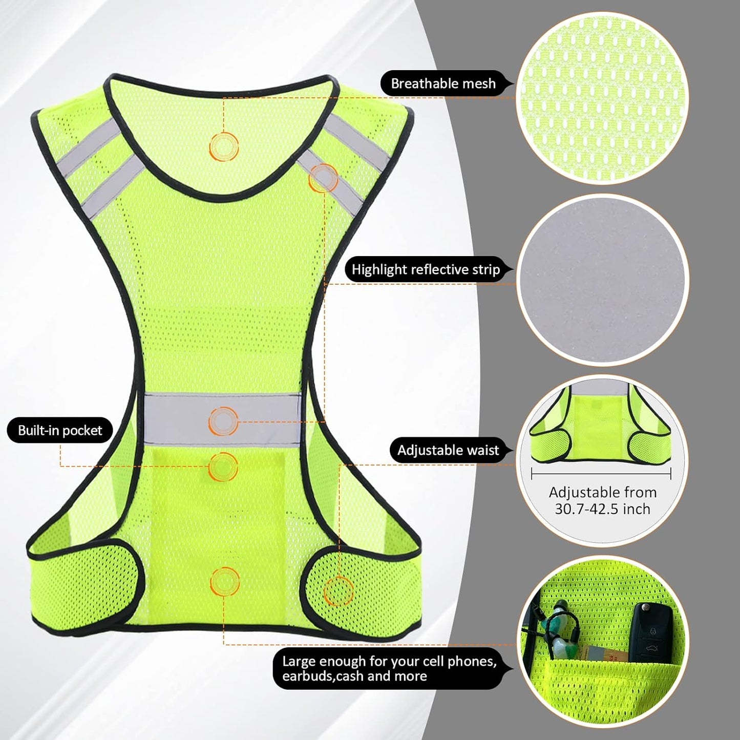 TCCFCCT Reflective Running Vest, High Visibility Running Gear with Large Pocket