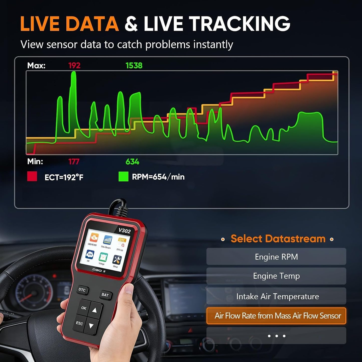 OBD2 Scanner with Battery Tester - Vehicle Code Reader for Check Engine Light, Plug and Play, Car Scanner Diagnostic Tool for All OBDII Vehicles After 1996