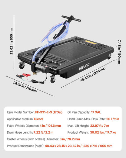 VEVOR Low Profile Oil Drain Pan, 17 Gal Capacity, Rolling Oil Drain Pan with 110V High-Flow Electric Pump, 7.2 ft Hose & T Folding Handle, Leak-proof & Corrosion-resistant, Fit for Trucks, ATVs, Black