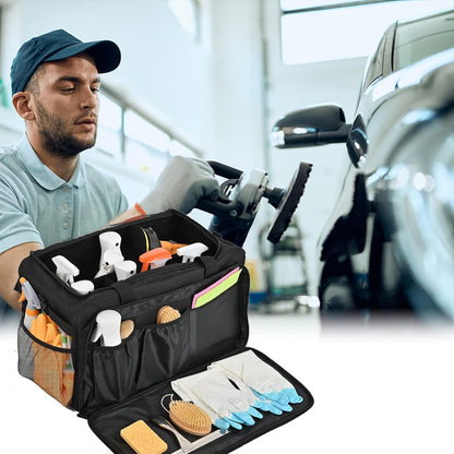 Extra Large Car Detailing Bag, Cleaning Caddy with Lid and Handle for Auto Detailing Supplies, Car Cleaning Storage Trunk Organizer for Polisher and Vehicle Wash Tools, Black