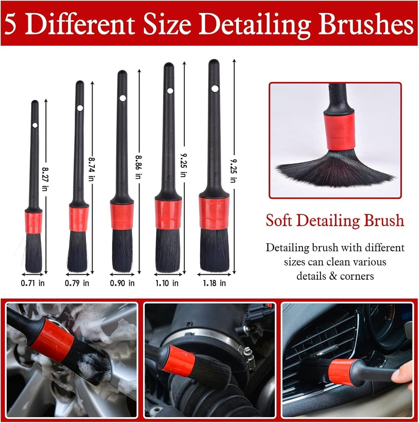 Nurkul 11Pcs Auto Detailing Set, Boar Hair Brushes, Steel Wire & A/C Brushes, Red, Soft Bristles, Wood Handles for Cleaning Interior, Exterior, Leather, 6 Sizes