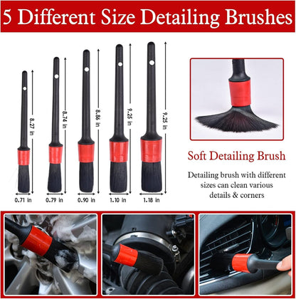 Nurkul 11Pcs Auto Detailing Set, Boar Hair Brushes, Steel Wire & A/C Brushes, Red, Soft Bristles, Wood Handles for Cleaning Interior, Exterior, Leather, 6 Sizes