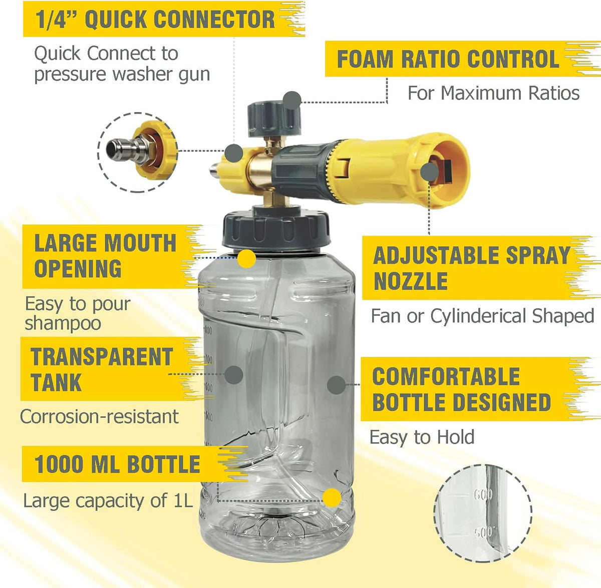 ESP Foam Cannon Snow Foam Lance Pressure Power Jet Washer Quick Release Adjustable Nozzle with 1 Liter Bottle Washing Mitts 1 Towel