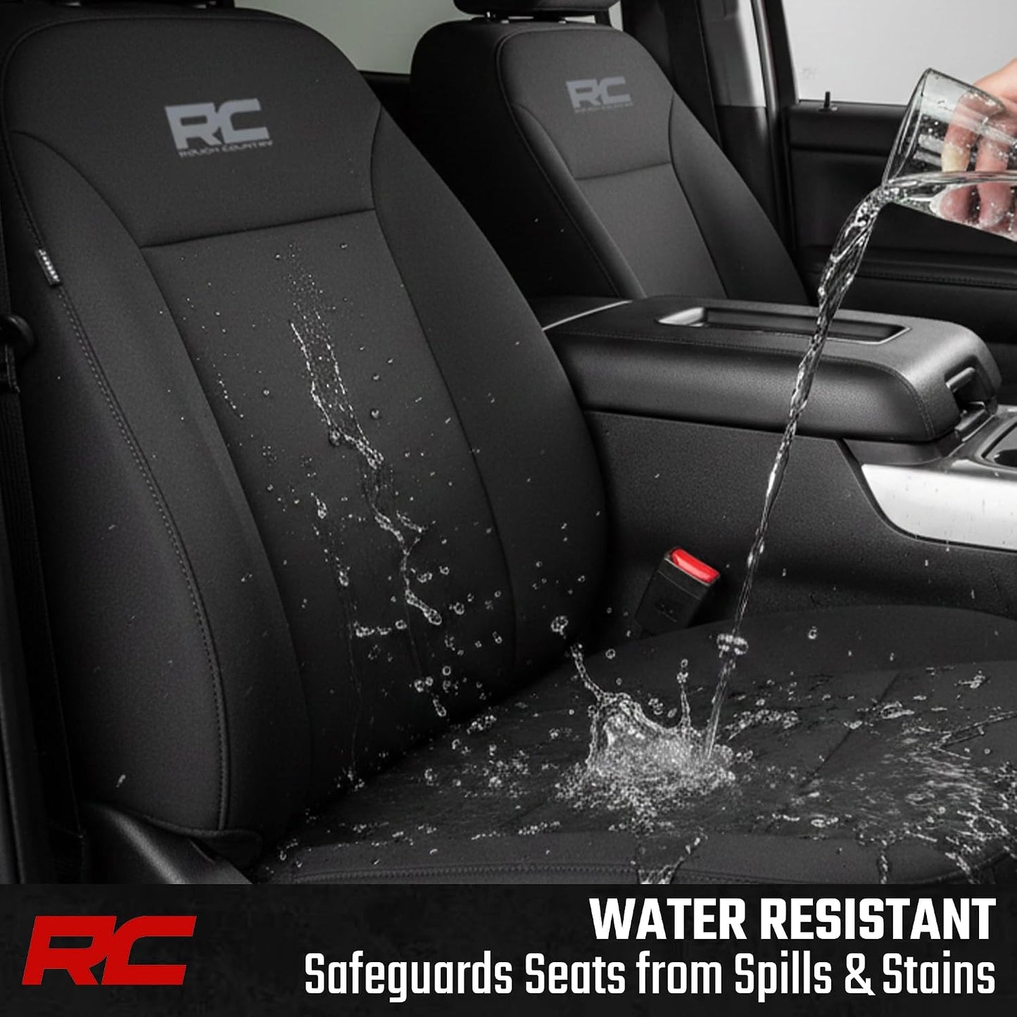 Rough Country Neoprene Seat Covers for Chevy Silverado & GMC Sierra 1500 (2019-2026) w/No Rear Seat Storage or Cup Holder - Waterproof & UV Resistant, Foam Padded, Front & Rear Row Cover Set