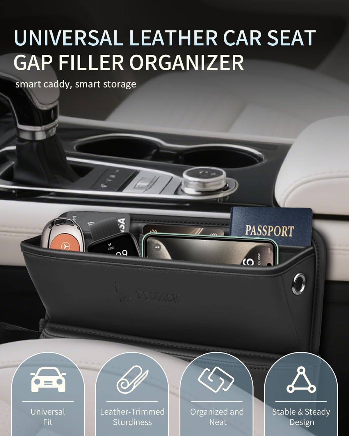 FLORICH Car Seat Gap Filler, Pro-Seats Gap Filler Organizer and Storages 2-in-1, Premium Leather Center Console Organizer, Car Organizer Front Seat Universal Fit for Car SUV Truck