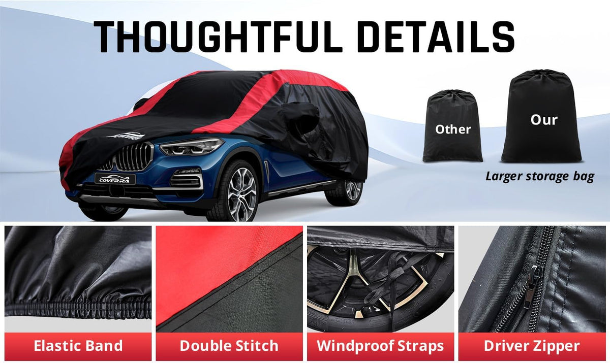Car Cover Waterproof All Weather Protection with Red Stripe Design, Universal Fit Toyota Camry Solara, Ford Fusion, Kia Stinger Optima, Nissan Maxima, VW Passat, Subaru Legcy