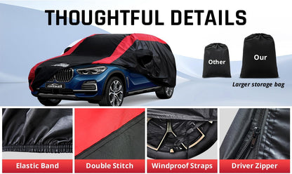 Car Cover Waterproof All Weather Protection with Red Stripe Design, Universal Fit Toyota Camry Solara, Ford Fusion, Kia Stinger Optima, Nissan Maxima, VW Passat, Subaru Legcy