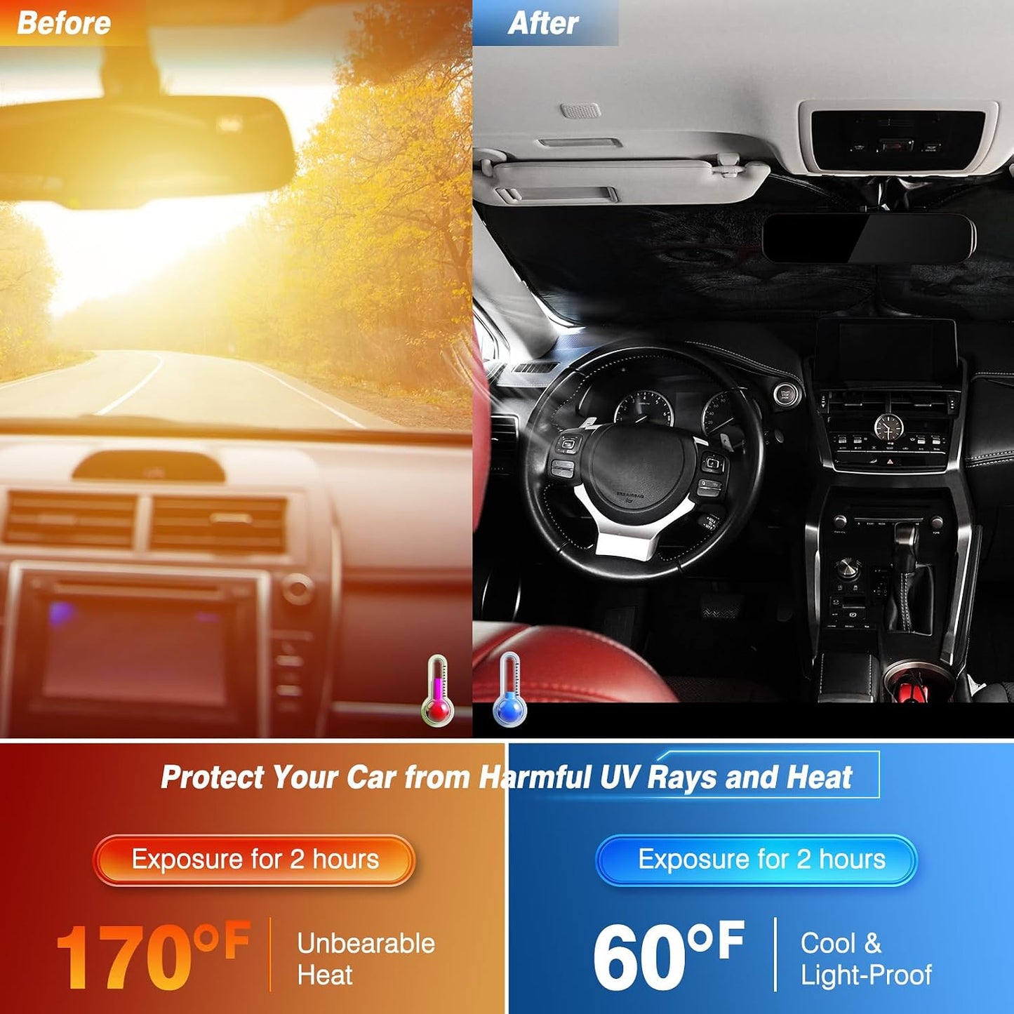 Windshield Sun Shade - Car Sun Shade Windshield, Reflector Sunshade Offers Ultimate Protection for Car Interior, Foldable Front Window Fit for Hatchback, Truck, SUV, MPV