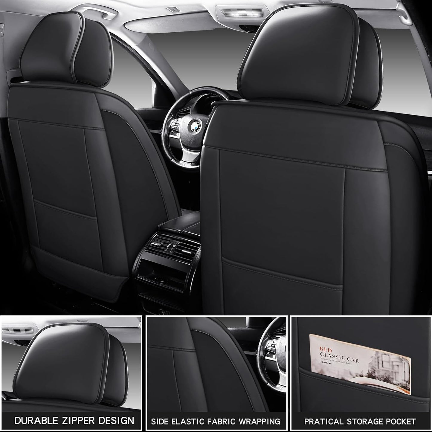 MINGBRON Car Seat Cover Full Set, Leather Car Seat Cover, Waterproof Seat Covers, Car Seat Cushion, Nappa Leather Seat Covers Car Seat Protector Universal Fit Most Cars Black