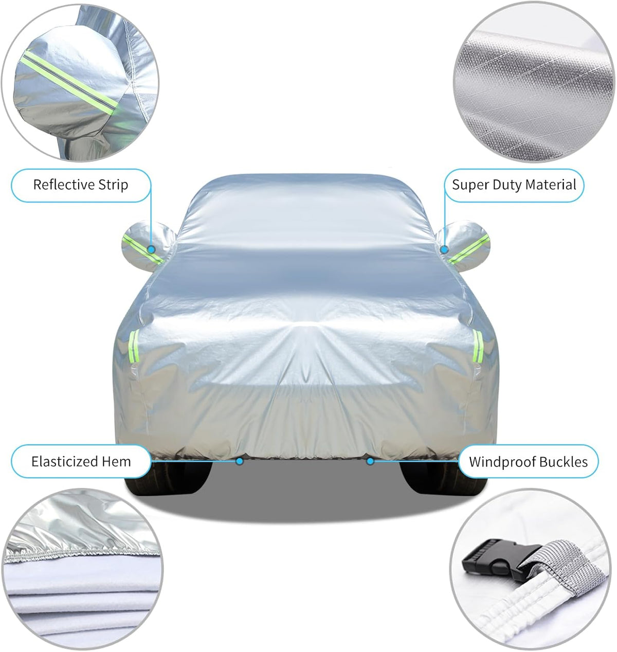 Tecoom Heavy Duty Multiple Layers Car Cover All Weather Waterproof Windproof Reflective Snow Sun Rain Protective Outdoor with Buckles and Belt Fit 191-200 Inches Sedan