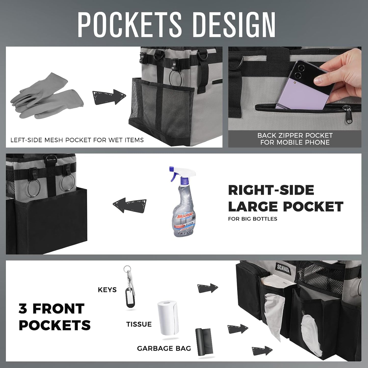SCAVATA Wearable Cleaning Caddy Bag, Supplies Organizer with Handle & Shoulder Straps for Housekeepers, Under Sink & Car Cleaning Tool Organizer with 4 Foldable Dividers (Black)
