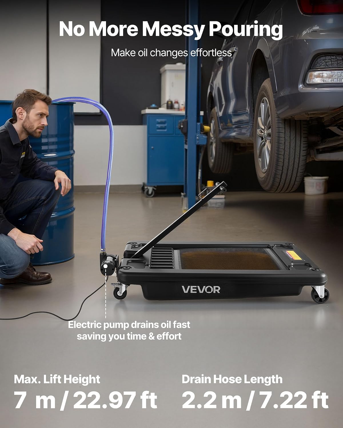 VEVOR Low Profile Oil Drain Pan, 17 Gal Capacity, Rolling Oil Drain Pan with 110V High-Flow Electric Pump, 7.2 ft Hose & T Folding Handle, Leak-proof & Corrosion-resistant, Fit for Trucks, ATVs, Black