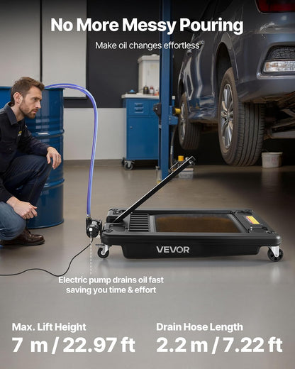 VEVOR Low Profile Oil Drain Pan, 17 Gal Capacity, Rolling Oil Drain Pan with 110V High-Flow Electric Pump, 7.2 ft Hose & T Folding Handle, Leak-proof & Corrosion-resistant, Fit for Trucks, ATVs, Black