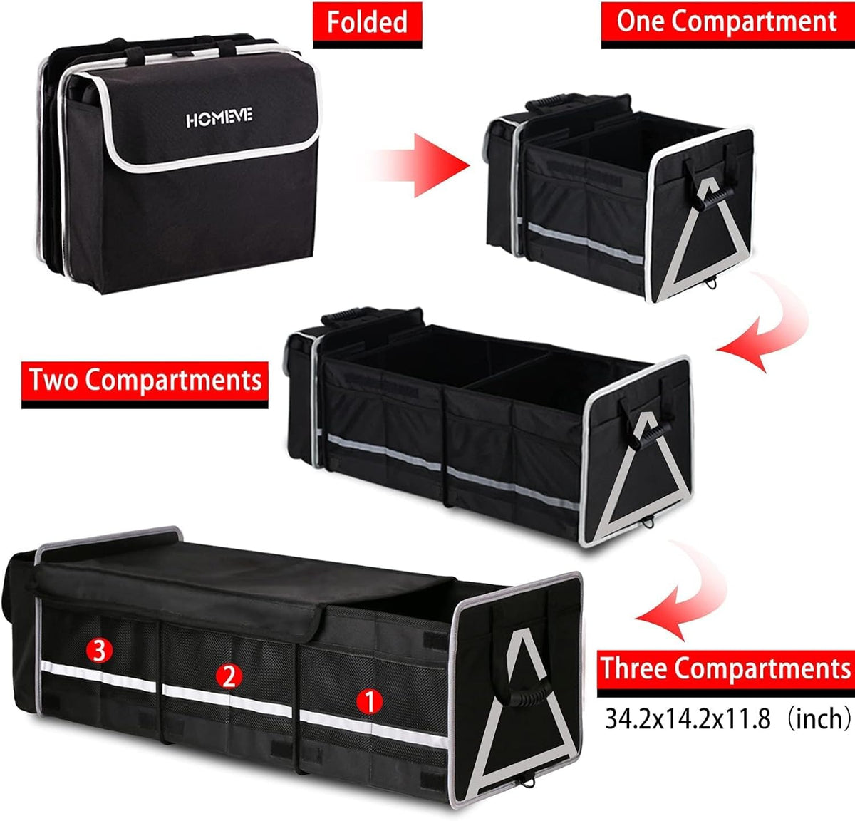 Homeve Car Trunk Organizer for SUV, 18.5Gal Large Capacity No-Sag Heavy Duty, Foldable Waterproof Anti-Slip Storage with 12 Pockets, Fit Sedan,Truck, Universal Car Accessories, Black, Large, 2 Compart