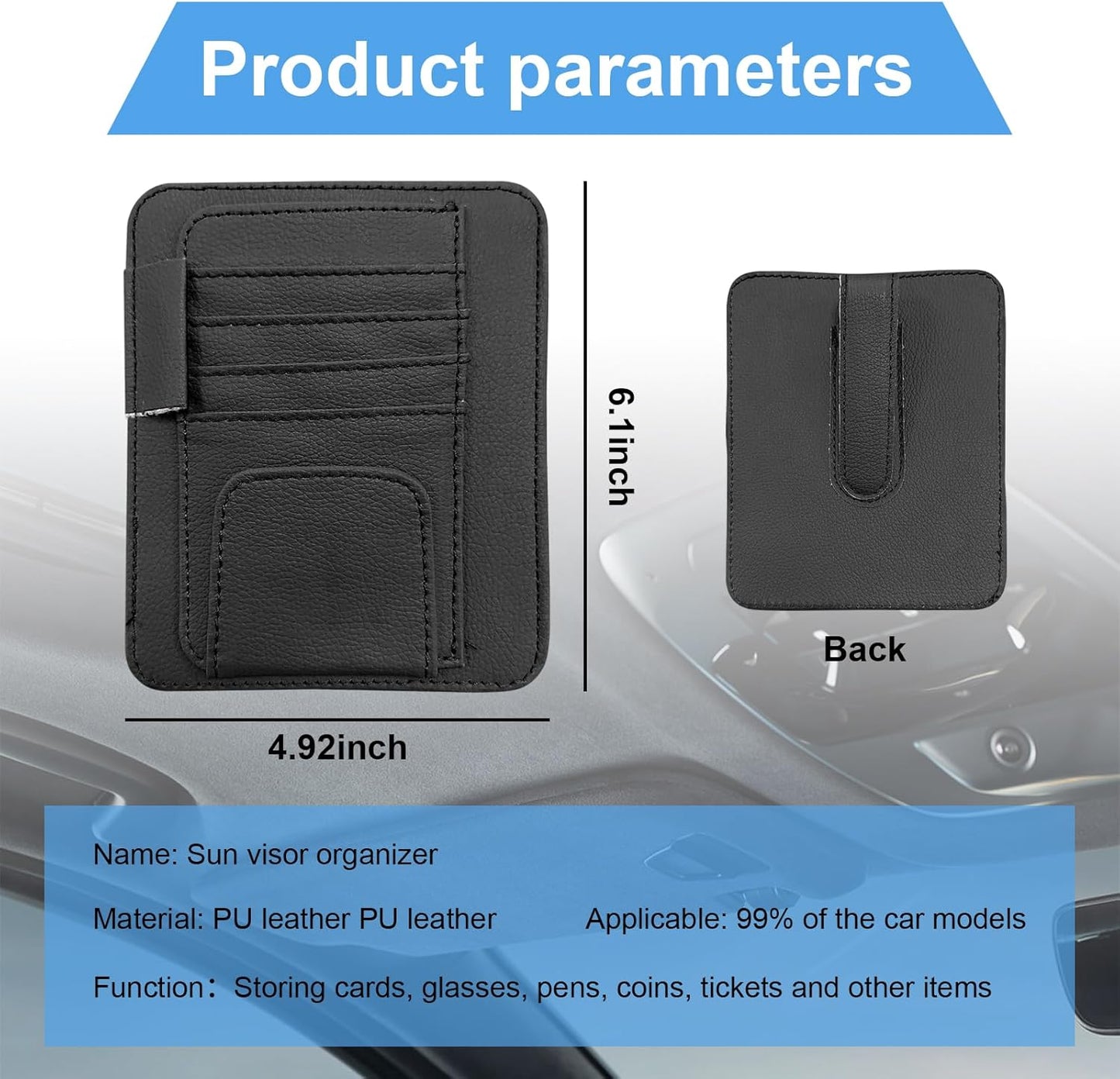 Augeny Car Sun Visor Organizer, Small Auto Visor Organizer and Storage, Registration and Document Holder, Vehicle Accessories for Sunglasses, Document, Card, Pen, Driver License (Black)
