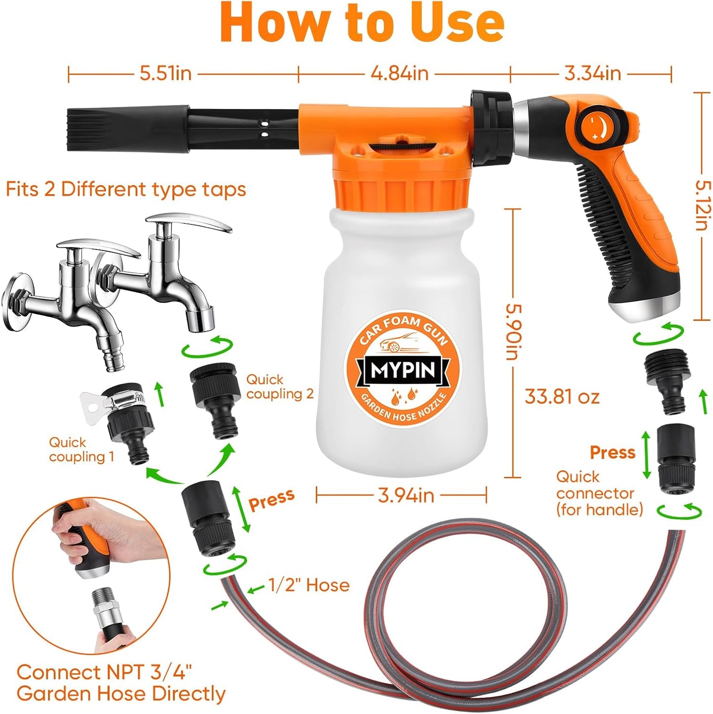 16 IN 1 Car Wash Foam Gun, Foam Cannon,Adjustable Hose Wash Sprayer with 2.5 to 6 Bars Foam Blaster,Wash Mitten &Towel,Suitable for Car Cleaning and Garden Use with 1/2” Quick Connector