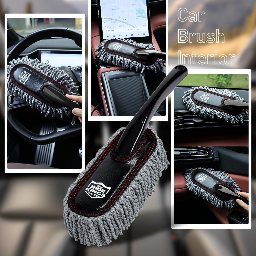 Car Duster Exterior Scratch Free with Extendable Handle, Microfiber Car Cleaning Brush for Dust Removal + Small Detailing Brush for Interior Care