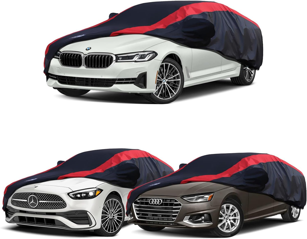 Car Cover Waterproof All Weather Protection with Red Stripe Design, Universal Fit Toyota Camry Solara, Ford Fusion, Kia Stinger Optima, Nissan Maxima, VW Passat, Subaru Legcy