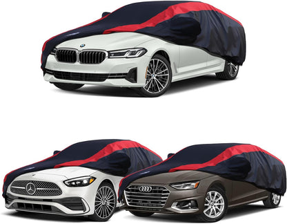 Car Cover Waterproof All Weather Protection with Red Stripe Design, Universal Fit Toyota Camry Solara, Ford Fusion, Kia Stinger Optima, Nissan Maxima, VW Passat, Subaru Legcy