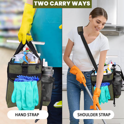 Large Cleaning Caddy Bag Built-in Sturdy Support Board, Cleaning Organizer with Detachable Divider, Cleaning Supply Tote with Adjustable Shoulder Strap&Waist Belt for Cleaners & Housekeeper