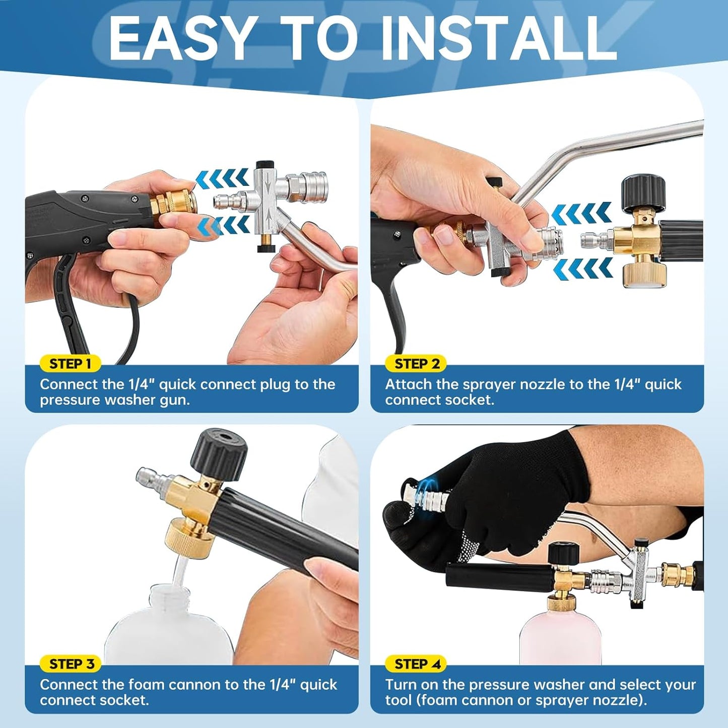 SEPLY Foam Cannon for Pressure Washer Gun Kit with Dual Connector Accessory, Car Wash Foam Gun with 5 Pressure Washer Nozzle Tips 3/8'' Swivel Quick Connector and M22-14mm and M22-15 mm Fitting