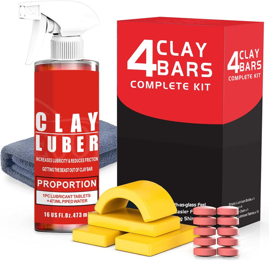 4-Piece Premium Clay Bar Car Detailing Kit - 16oz Clay Lubricant Spray & 10 Lubricant Tablets, Safe for Paint, Glass, Wheels - Removes Contaminants, Sap, Dust for a Smooth Glossy Finish