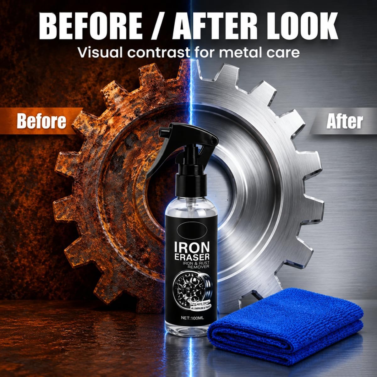 Iron Eraser Rust Remover Spray, Iron Eraser Iron and Rust Remover for Car Wheels and Paint, Fast Acting Rust and Brake Dust Remover, Professional Automotive Surface Cleaning(100ML)