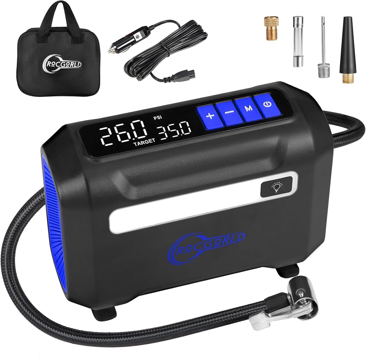 ROCGORLD R8 Tire Inflator Portable Air Compressor, DC 12V Air Compressor Portable with Large Dual Digital Screen, 3X Faster Inflation Air Pump for Car, Bike, Ball, Motor