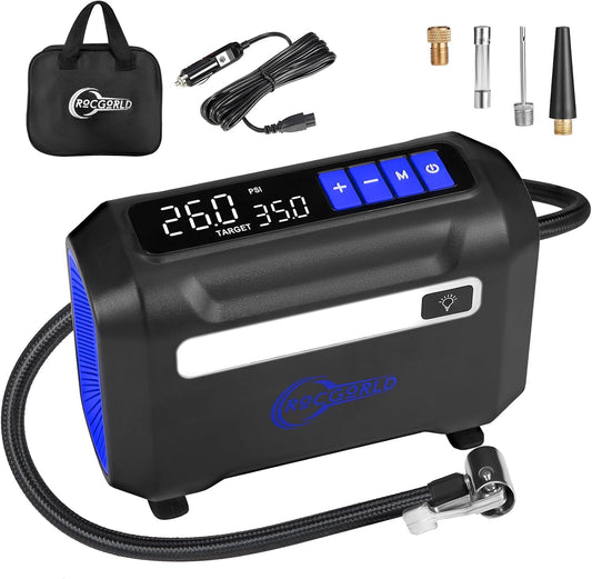 ROCGORLD R8 Tire Inflator Portable Air Compressor, DC 12V Air Compressor Portable with Large Dual Digital Screen, 3X Faster Inflation Air Pump for Car, Bike, Ball, Motor
