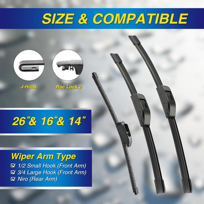 5 PLUS® Silicone Windshield Wipers Replacement for 2019-2024 Toyota RAV4/ 2006-2015 Mazda 5 Wiper Blades(Set of 3), Windshield Wiper Blades For My Car-26"/16"/12" - Colors A