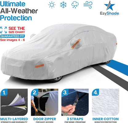 EzyShade 10-Layer Car Cover Waterproof All Weather - See Vehicle Size-Chart - Car Covers for Automobiles & Car Snow Cover - Full Exterior Covers - Winter Rain Sun SUV Sedan. Size A4 (See SizeChart)
