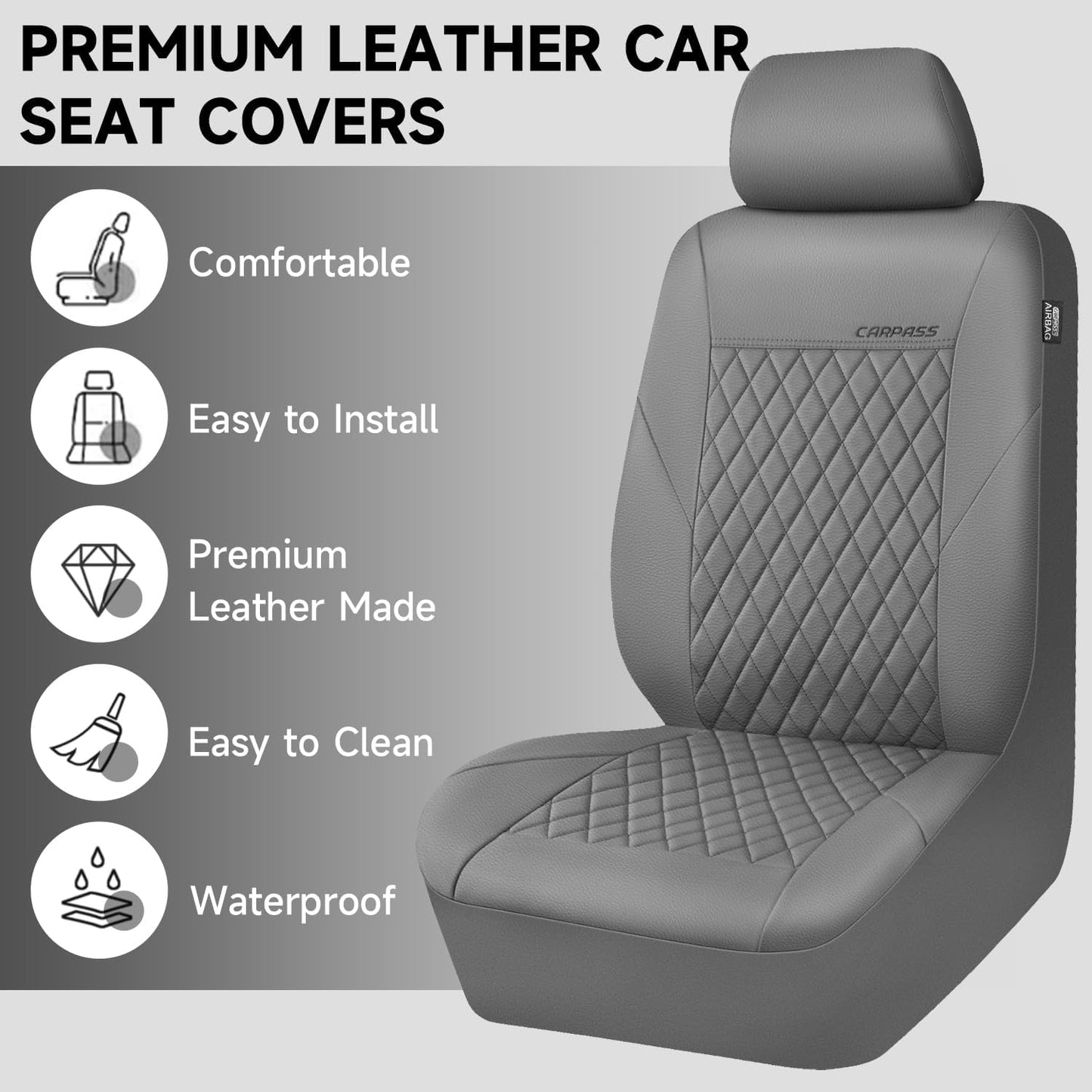 CAR PASS Quilting Leather Seat Cover Two Front Seats Only, Universal Fit Automotive Front Seat Covers Waterproof Deluxe PU Premium Vinyl Luxury for Cars Sedan Van SUV Airbag Compatible 2 Pieces,Black