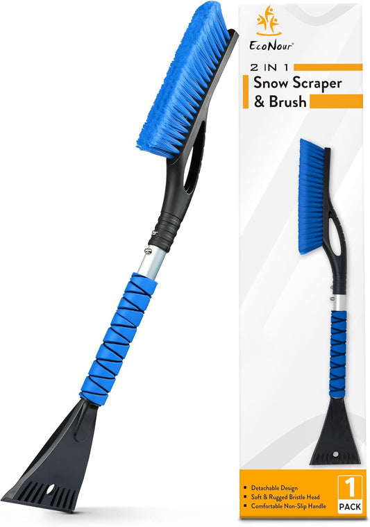 EcoNour 27" Car Snow Brush and Ice Scrapers for Car Windshield (2 Pack) | Scratch Free Bristle Head Snow Brush & Tough Window Snow Scraper with Aluminium Body | Snow Removal Winter Car Accessories