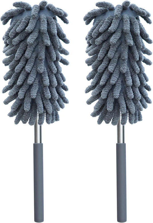 2 Pack Microfiber Duster for Cleaning, Washable Dusters, Extendable Pole, Up to 30 Inch Reachable, Wet and Dry Use Cleaning Tools for Car, Ceiling Fan, Window, Furniture, Office