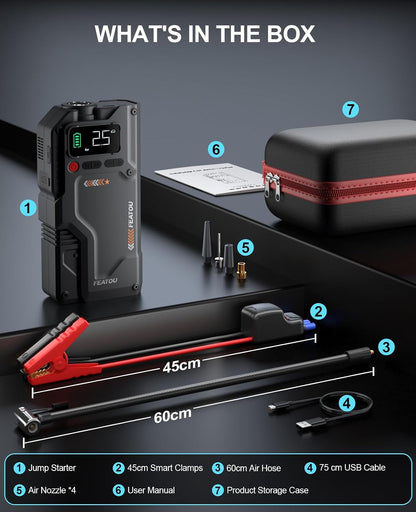 Featou Jump Starter with Air Compressor, 5 in 1 Functional Jump Box 5500A Peak Power Pack with 150PSI Digital Tire Inflator, Portable Car Charger Jumper for 9.0L Gas or 7.5L Diesel