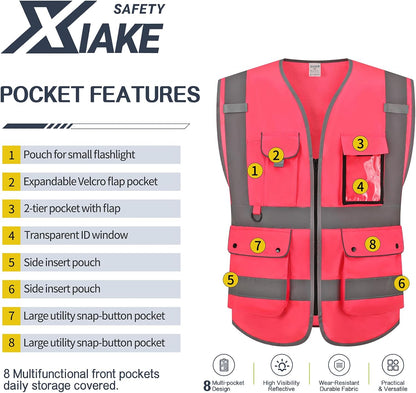 XIAKE Reflective Safety Vest for Men & Women High Visibility Class 2 Vest with Pockets Meets ANSI Standards